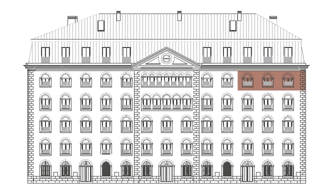 The sale sheet’s Rua do Beato elevation drawing with this home’s bays shaded.