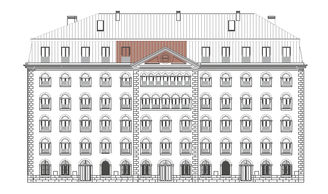 The sale sheet’s Rua do Beato elevation drawing with this home’s bays shaded.