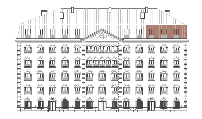 The sale sheet’s Rua do Beato elevation drawing with this home’s bays shaded.