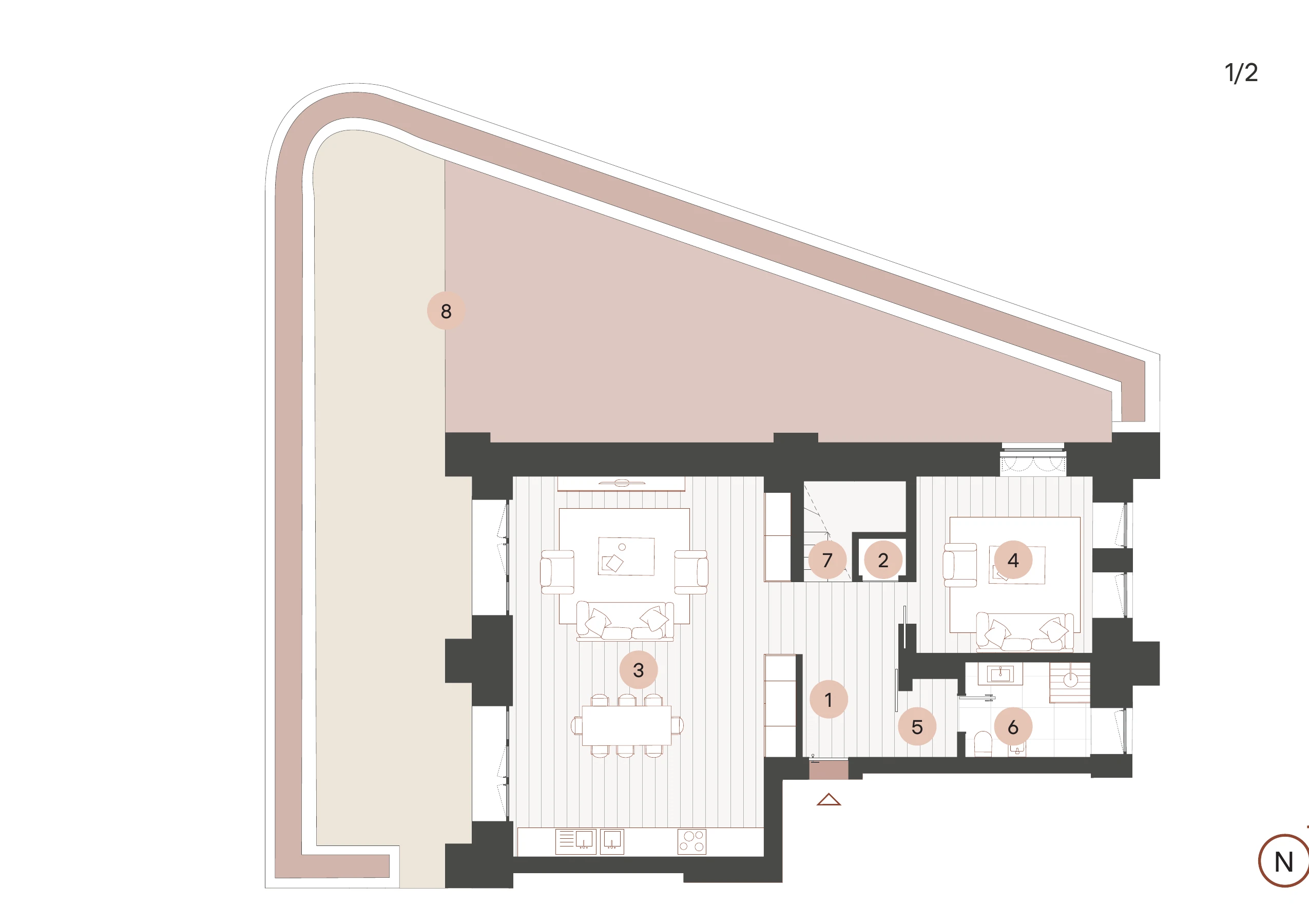 Floorplan of Ponte Residence 1 from the client’s sale sheet, with numbered rooms.