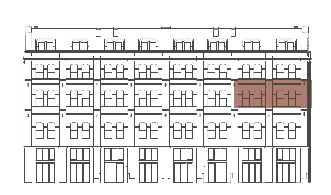 The sale sheet’s Garden elevation drawing with this home’s bays shaded.