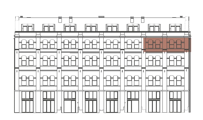 The sale sheet’s Garden elevation drawing with this home’s bays shaded.
