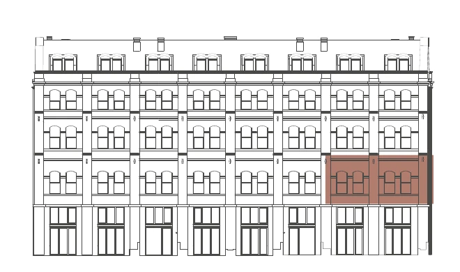 The sale sheet’s Garden elevation drawing with this home’s bays shaded.