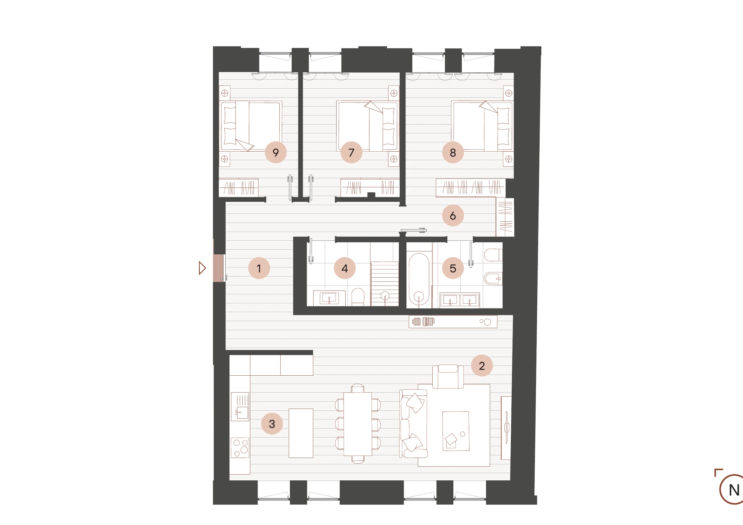 Floorplan of Ponte Residence 9 from the client’s sale sheet, with numbered rooms.