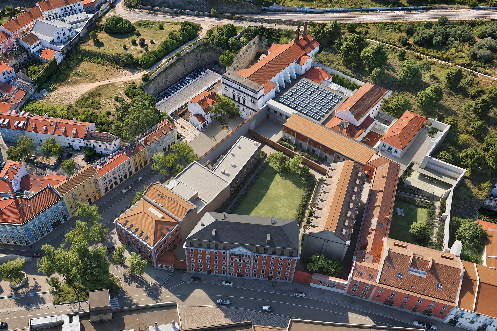 Beato Quarter from above, its buildings around the garden: a visualisation of the finished quarter.