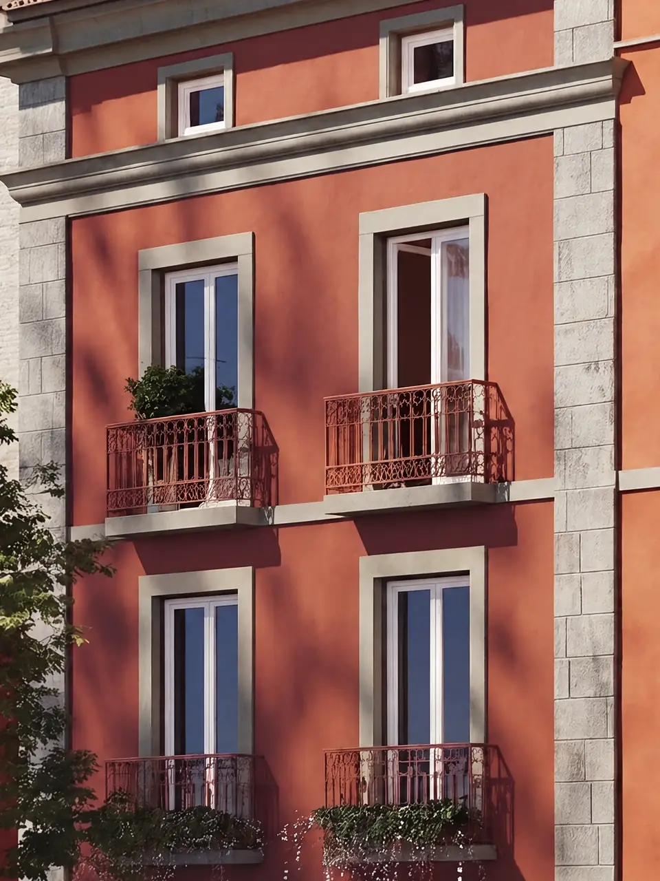 Visualisation of Balança's two bays in its terracotta street front: tall stone-framed windows with iron-railed balconies on two floors, under a stone cornice with small windows above.