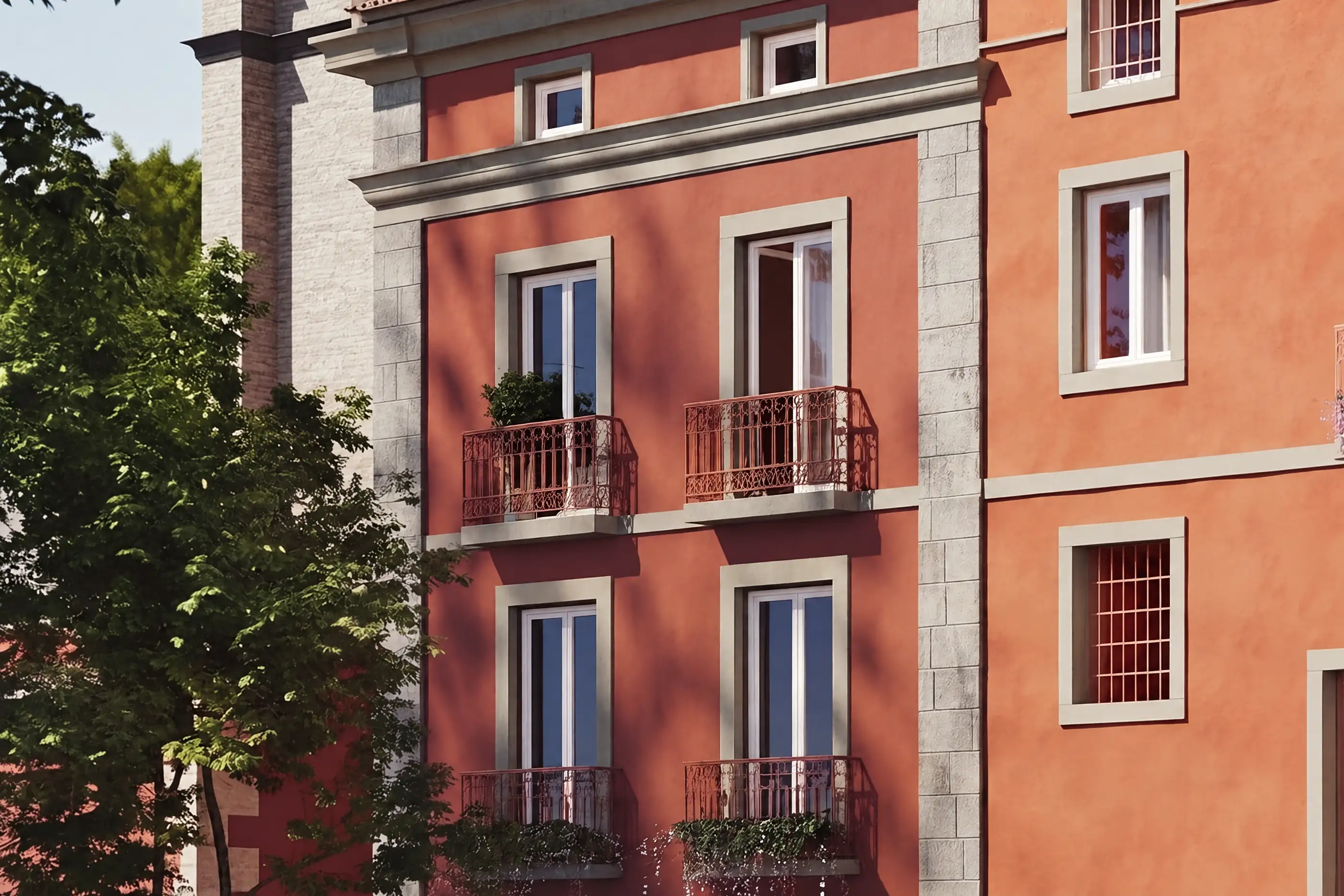 Visualisation of Balança's street front: a narrow two-bay terracotta facade between stone corner blocks, with tall stone-framed windows, iron-railed balconies with planters and a stone cornice, a leafy tree at the left and the neighbouring facade at the right.