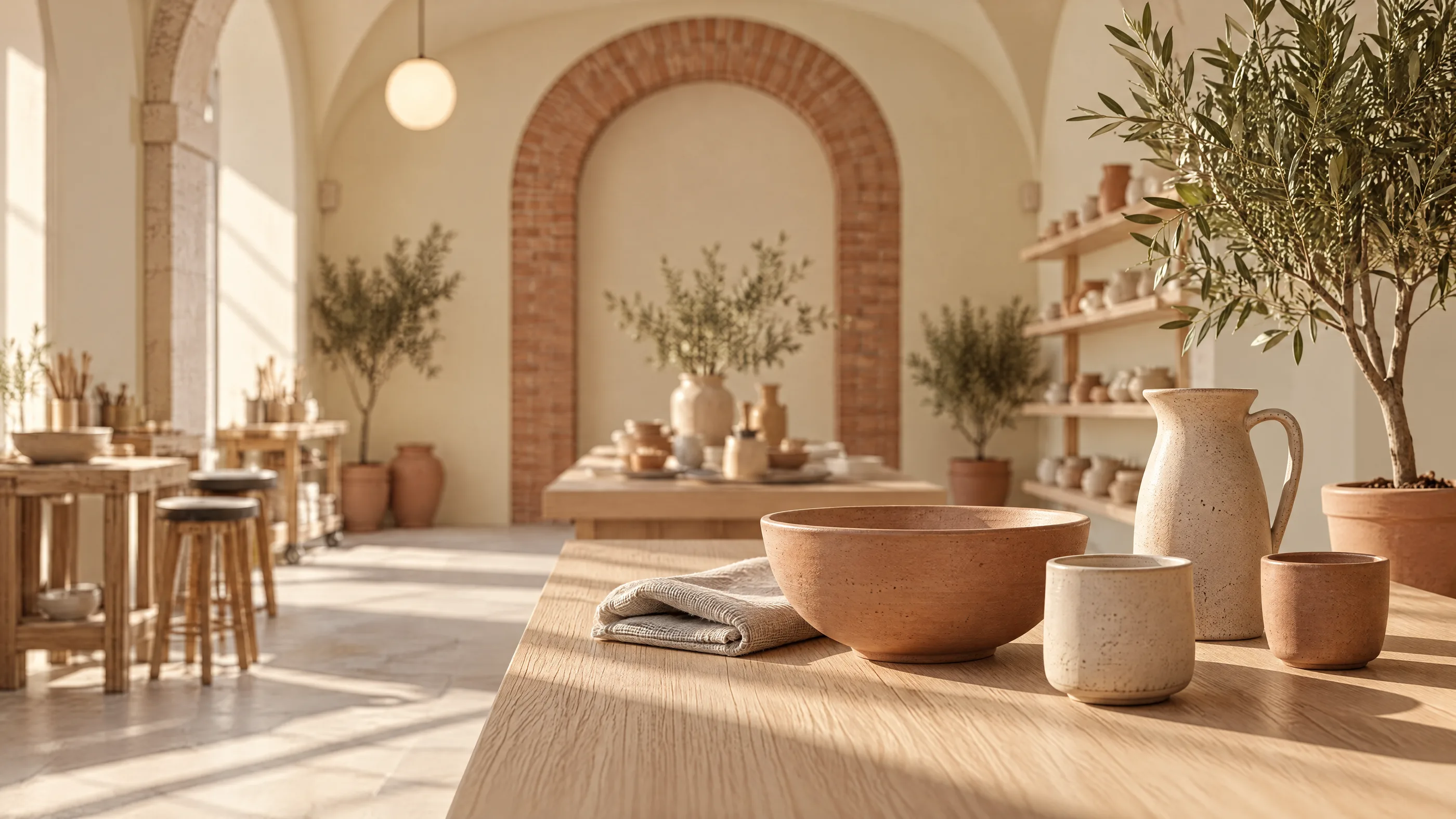 A ideia da cerâmica: um pano de linho dobrado, uma taça de terracota, chávenas de grés e um jarro salpicado numa mesa de carvalho claro.