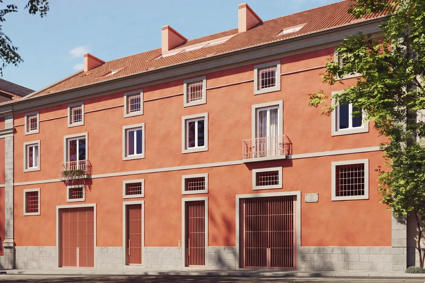 Visualisation of Forno from the street: a terracotta façade with stone-framed windows and tall slatted doors.