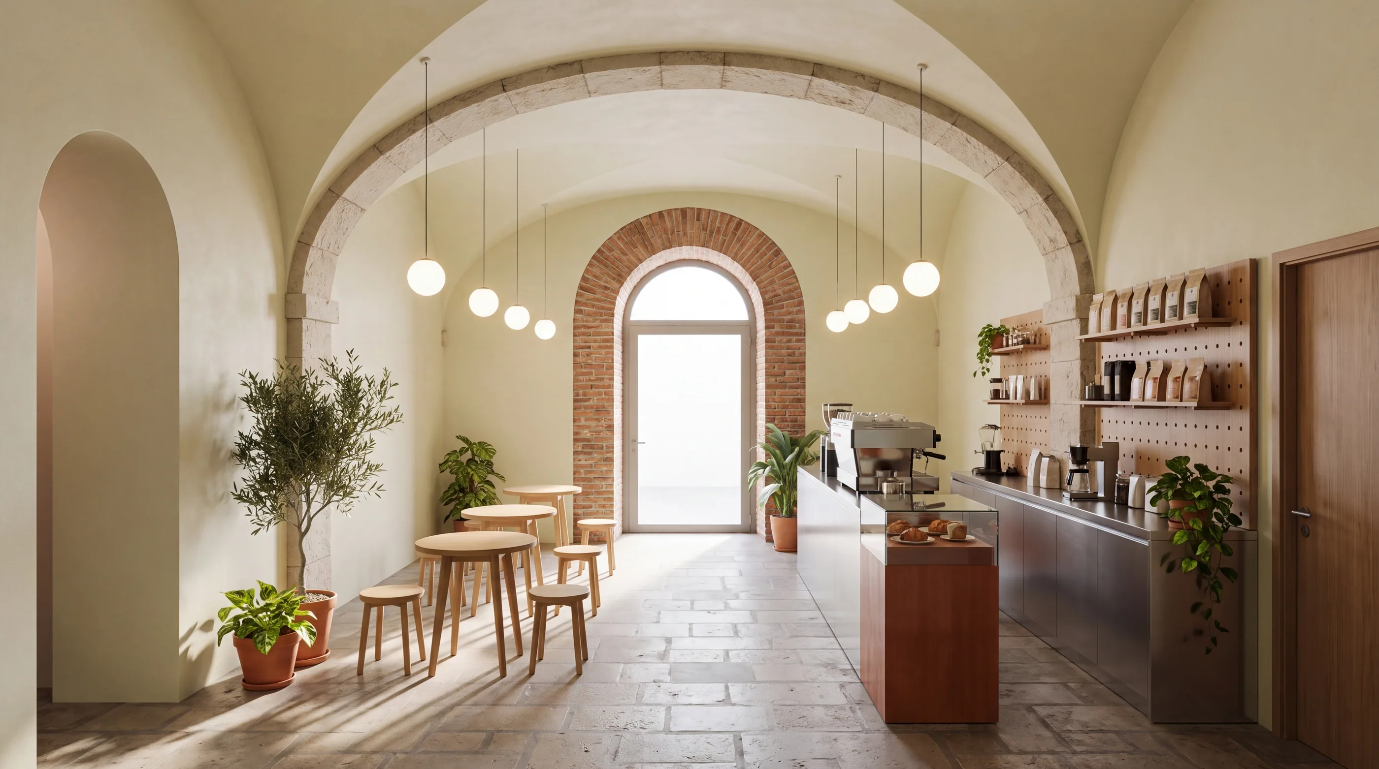 Visualização de conceito de um café numa sala abobadada do rés do chão: um balcão comprido à direita, mesas pequenas sobre pavimento de pedra e uma porta de vidro sob um arco de tijolo, ao fundo.